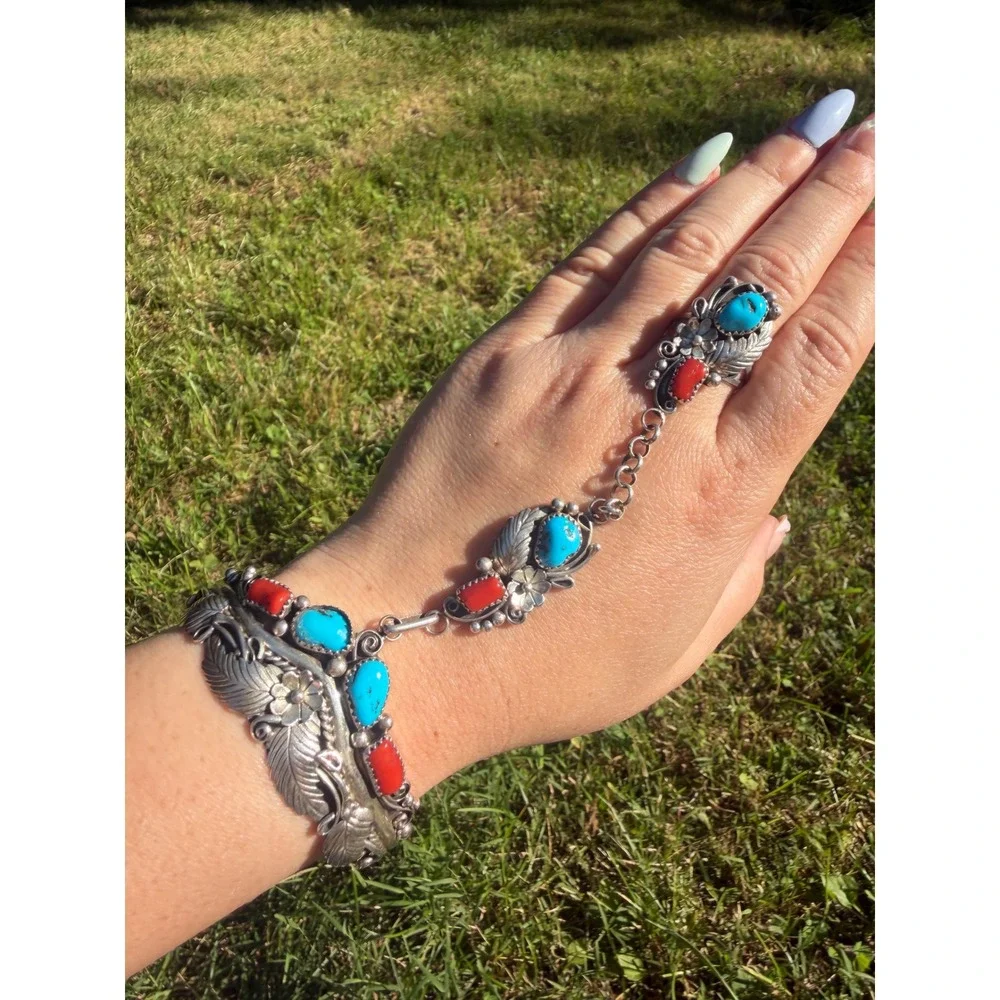 Vintage Native American Sterling Silver Turquoise Coral Bracelet Ring Signed - Picture 10 of 10